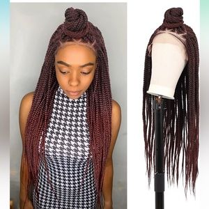 13x4 Lace Front Braided Wigs 25” Updo Bun Braided Lace Wig Mix Black Burgundy